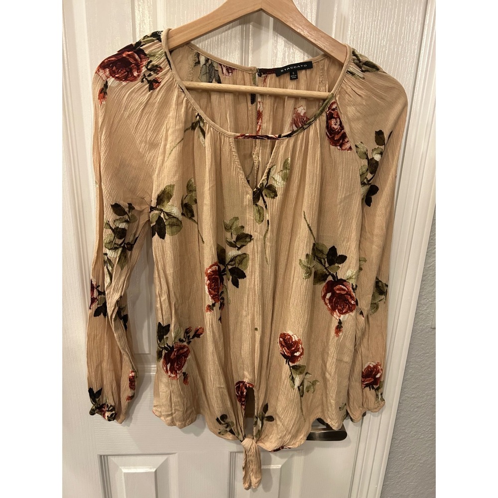 Staccato Blouse Tan Red Floral Rose Tie Front Boho Rayon Top